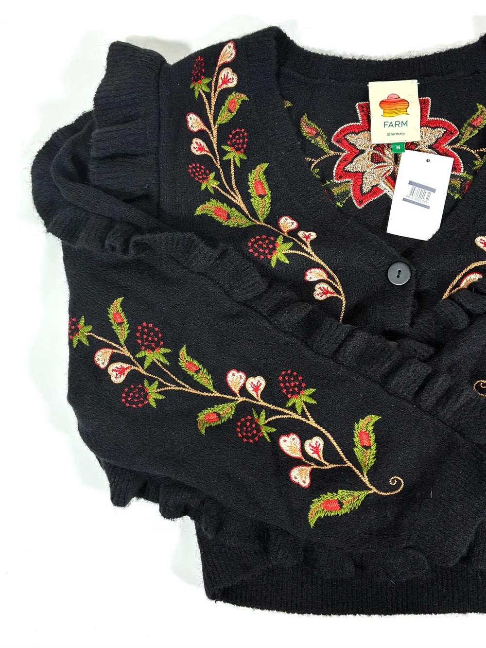 Farm Rio Berry Embroidered Ruffle Cardigan Black Medium NEW - Picture 15 of 16